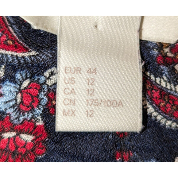 H&M Womens 12 Multicolor Blouse Paisley Red Blue White Button Up V Neck - Picture 6 of 13